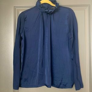 Navy blue silk and cotton long sleeve blouse
